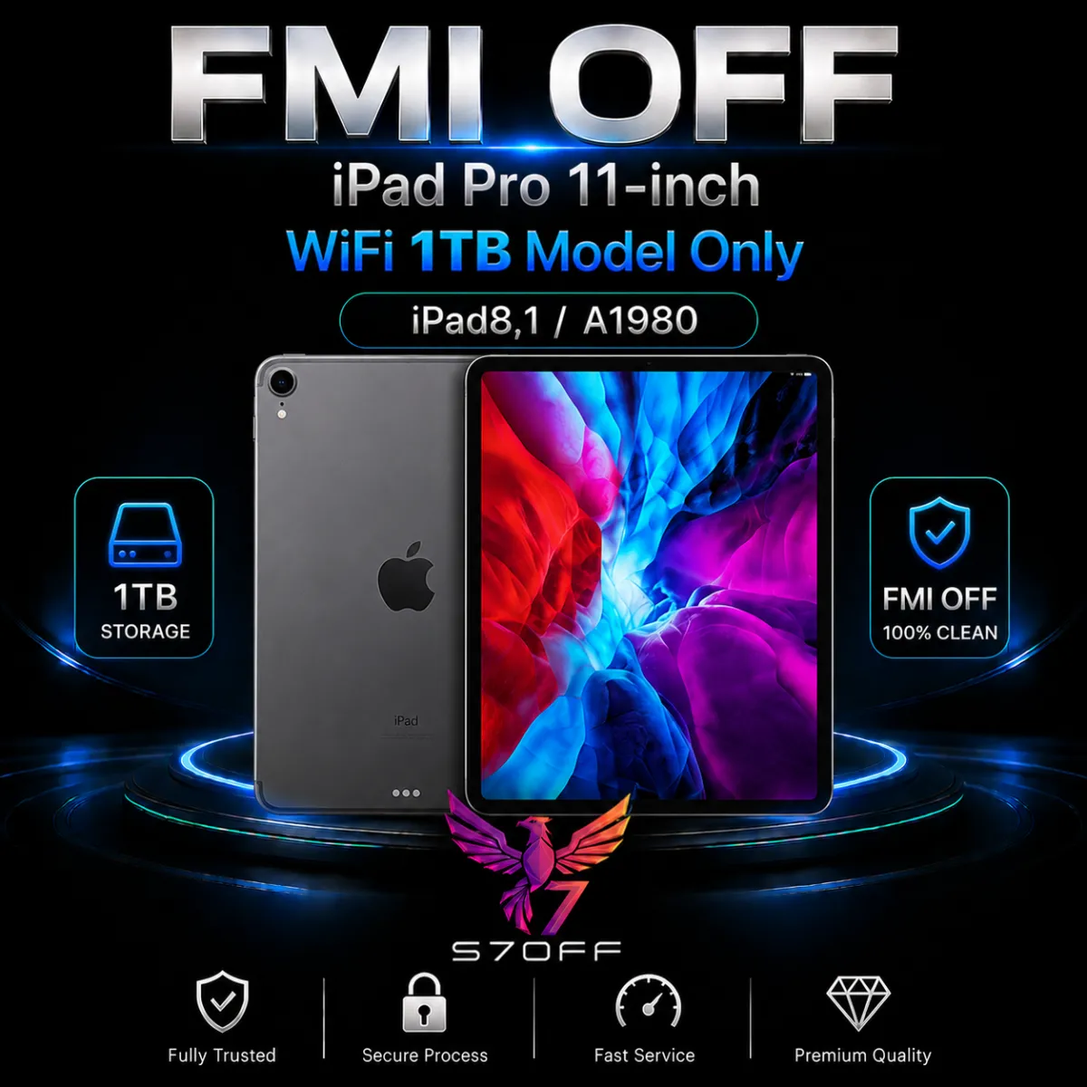 FMI OFF — iPad Pro 11‑inch WiFi 1TB Model Only (iPad8,1 / A1980)